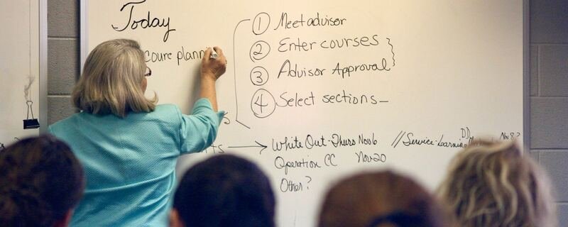 Teacher writing on whiteboard while students watch